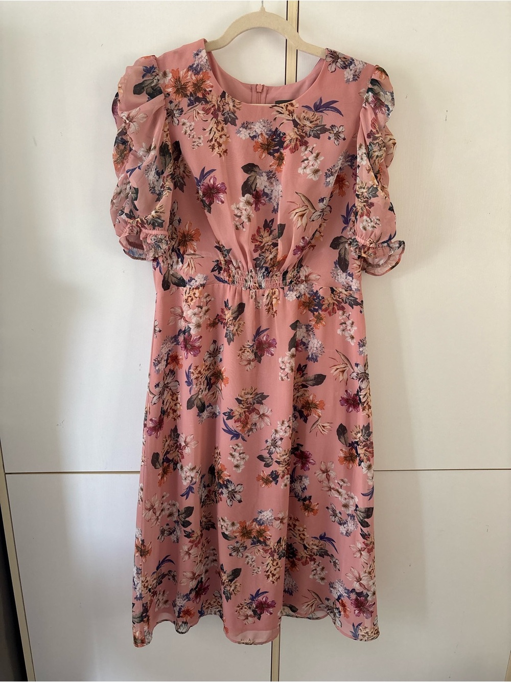Vince Camuto Pink Garden Floral Puff Sleeves Midi Dress Size 10 Brunch Coquette - Picture 2 of 15